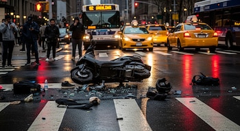 Scooter negro volcado en una calle con paso de peatones. En el suelo hay escombros, un casco negro, mochilas y una botella de agua. Vehículos y personas al fondo.