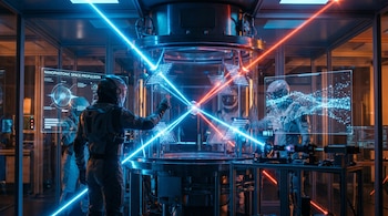 En un laboratorio futurista, científicos con cascos manipulan un objeto central levitando entre haces de láser azul y rojo, con pantallas holográficas.