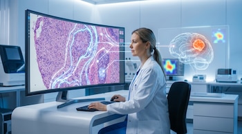 Mujer patóloga en laboratorio digital observando tejido tumoral cerebral en una pantalla curva. La imagen muestra una muestra histológica y un cerebro 3D con un tumor resaltado por IA.