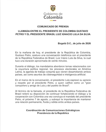 “Al término de la llamada, el presidente de Brasil reiteró su disposición de continuar fortaleciendo el diálogo y la cooperación con Colombia una vez concluya el mandato del presidente Petro”, concluyó la Casa de Nariño tras la llamada entre los presidentes Petro y Lula da Silva - crédito Presidencia de la República