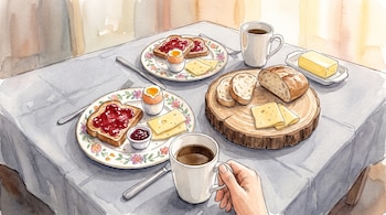Una mano sostiene una taza de café sobre una mesa con platos de tostadas con mermelada, huevos cocidos, queso, pan y mantequilla.