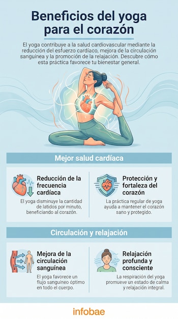 Infografía con título "Beneficios del yoga para el corazón", imagen de mujer haciendo yoga, iconos de corazón, circulación y relajación, y descripciones detalladas.