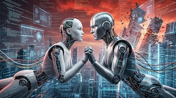Dos robots humanoides, uno blanco y uno plateado, se toman las manos en un entorno de código, pantallas holográficas y una ciudad digital colapsando.