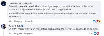 La Cancillería de El Salvador y el presidente Nayib Bukele confirmaron el seguimiento al caso de Guillermo Alexander Aguilar Mancia y anunciaron el envío de un helicóptero ambulancia para su traslado desde Guatemala. (Cortesía: Facebook)