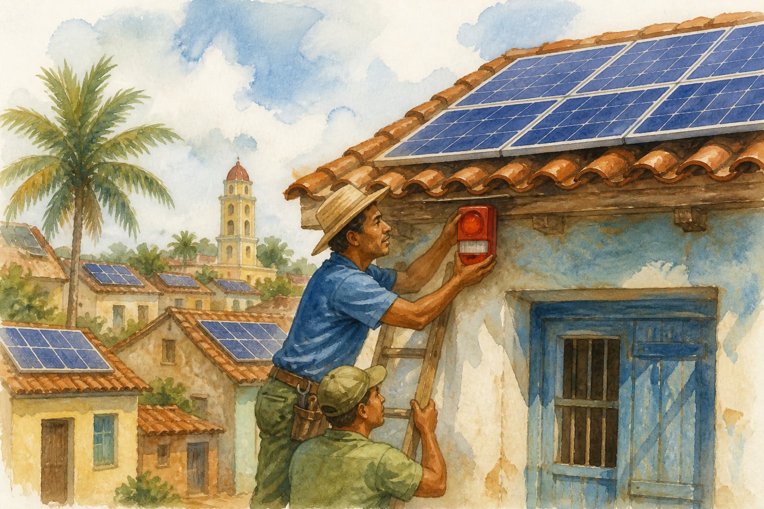 Dos trabajadores instalan una alarma en la fachada de una vivienda tradicional con paneles solares en su tejado en Cuba. (Imagen Ilustrativa Infobae)