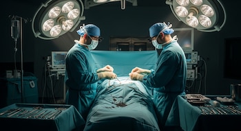 Dos cirujanos con batas, gorros y lupas operan a un paciente en una mesa quirúrgica bajo intensa iluminación. Se ven instrumentos, monitores y sábanas con sangre.