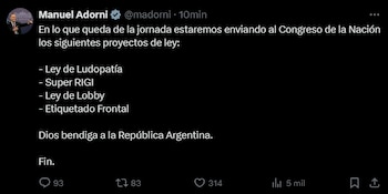 Tweet de Manuel Adorni anunciando los nuevos proyectos que enviarán al Congreso