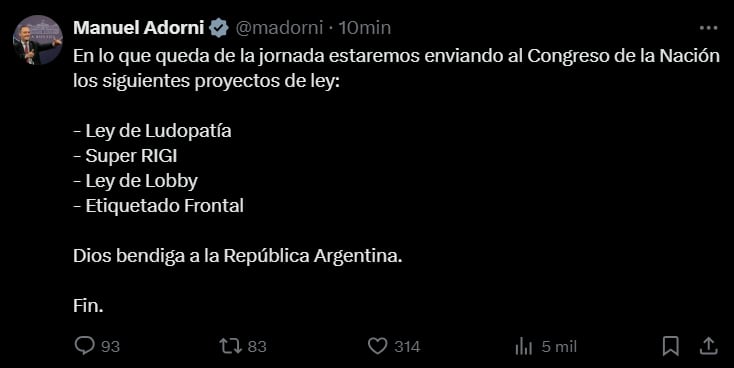 Tweet de Manuel Adorni anunciando los nuevos proyectos que enviarán al Congreso