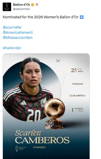 Es oficial la nominación de la futbolista mexicana en este prestigioso evento. (TW @ballondor)
