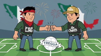 Ilustración conceptual: Dos pistoleros caricaturizados (CJNG y Los Chapitos) chocan puños sobre un balón con 'Tregua' en un campo de fútbol, con mapa de México al fondo.