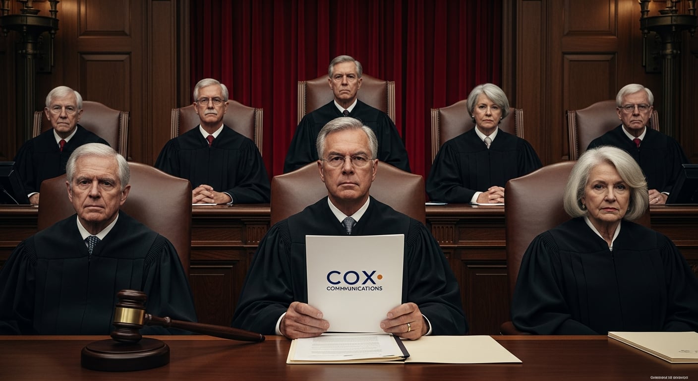 Jueces de la Corte Suprema de Estados Unidos, con el juez central sosteniendo el logotipo de Cox Communications, emitieron un fallo unánime absolviendo a la empresa de responsabilidad por piratería de sus suscriptores (Imagen Ilustrativa Infobae)