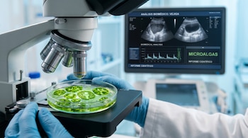 Persona con guantes azules, bata blanca, microscopio, placa de Petri con microalgas verdes, monitor con análisis biomédicos de vejiga.