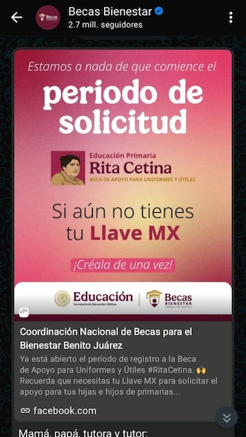 Captura de pantalla de un chat de WhatsApp del canal oficial de Becas del Bienestar, con un anuncio sobre la apertura de solicitudes para becas de primaria