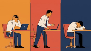 Un hombre ante una computadora en tres paneles: sentado sujetando su cabeza, de pie con los puños cerrados y desplomado sobre el escritorio.