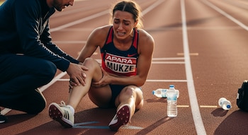 Atleta femenina sentada en una pista de atletismo, con el dorsal APARA MUKZE, llorando y sujetándose la rodilla, mientras un hombre la asiste. Dos botellas de agua vacías están en el suelo.
