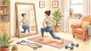 Ilustración de una mujer haciendo una estocada frente a un espejo en una sala, con una colchoneta, bandas de resistencia y mancuernas. Un gato duerme en la ventana.