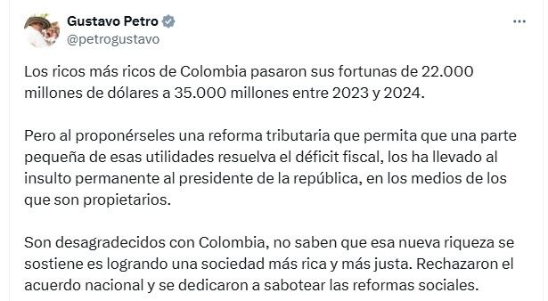 Gustavo Petro, presidente de Colombia, criticó a los personajes más ricos de Colombia por oponerse a la reforma tributaria - crédito @PetroGustavo/X