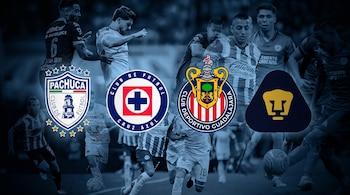 Cuatro escudos de fútbol de la Liga MX: Pachuca, Cruz Azul, Chivas y Pumas, superpuestos en un fondo azul oscuro con siluetas borrosas de jugadores.