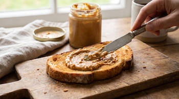 Mano con cuchillo de untar, manteca de maní en tostada, frasco de manteca, tabla de madera, paño, taza y ventana.