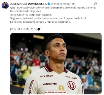 El periodista panameño celebró la llegada de Jorge Gutiérrez a Universitario con indirecta a Alianza Lima. - captura: Twitter