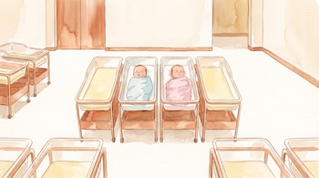 Habitación con paredes de tonos cobrizos y amarillos, múltiples cunas de hospital y dos recién nacidos envueltos en mantas celeste y rosa.