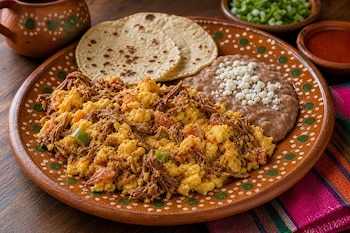 Plato de barro con huevos revueltos y carne deshebrada, frijoles con queso y dos tortillas sobre una mesa de madera.