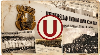 Collage sepia con el escudo de San Marcos, el logo de Universitario, fotos antiguas de futbolistas y afición, y periódicos sobre la Federación Universitaria.
