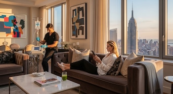 En un lujoso apartamento con vistas al Empire State Building, un profesional médico prepara una infusión intravenosa para una mujer que descansa en un sofá.