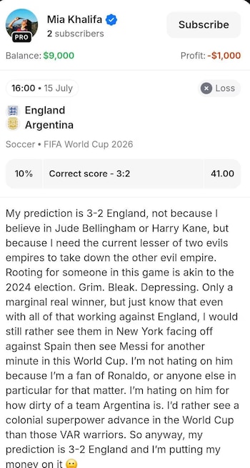 La apuesta que perdió Mia Khalifa contra la Selección Argentina