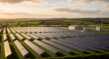 Extenso campo de paneles solares sobre césped, con un edificio y subestación eléctrica a la derecha, y colinas verdes bajo un cielo nuboso al fondo.
