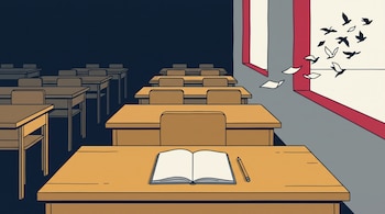 Un aula vacía con pupitres de madera, una libreta abierta con lápiz y hojas de papel que vuelan por la ventana convertidas en aves.