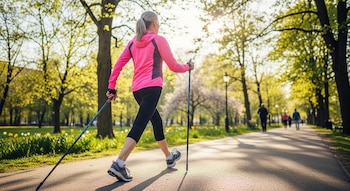 Mujer con chaqueta rosa y leggings negros practicando marcha nórdica con bastones en un sendero de parque. Árboles verdes y sol brillante.