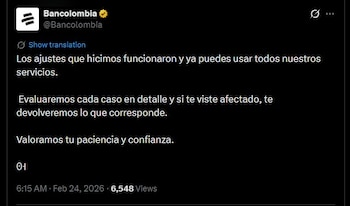 Bancolombia anunció que restableció todos