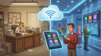 Ilustración de dos escenas contrastantes: a la izquierda, una oficina desordenada con un administrador estresado; a la derecha, un pasillo moderno con residentes usando tecnología digital.