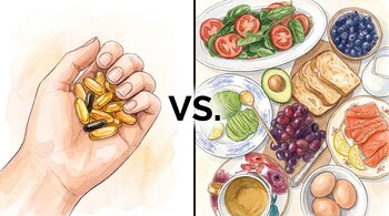 Mano sujetando cápsulas de suplementos. División central con "VS.". Mesa con ensalada, arándanos, aguacate, tostadas, uvas, salmón, huevos, café.