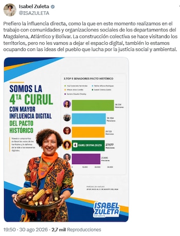 Isabel Zuleta se consolida como la cuarta senadora del Pacto Histórico con mayor influencia digital - crédito @ISAZULETA/X