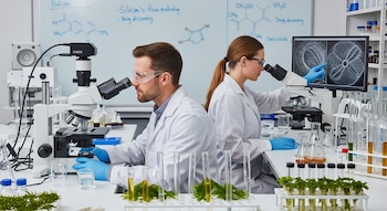 Dos científicos, un hombre y una mujer, observan muestras en microscopios en un laboratorio. Hay tubos de ensayo, matraces y fórmulas químicas en una pizarra blanca.