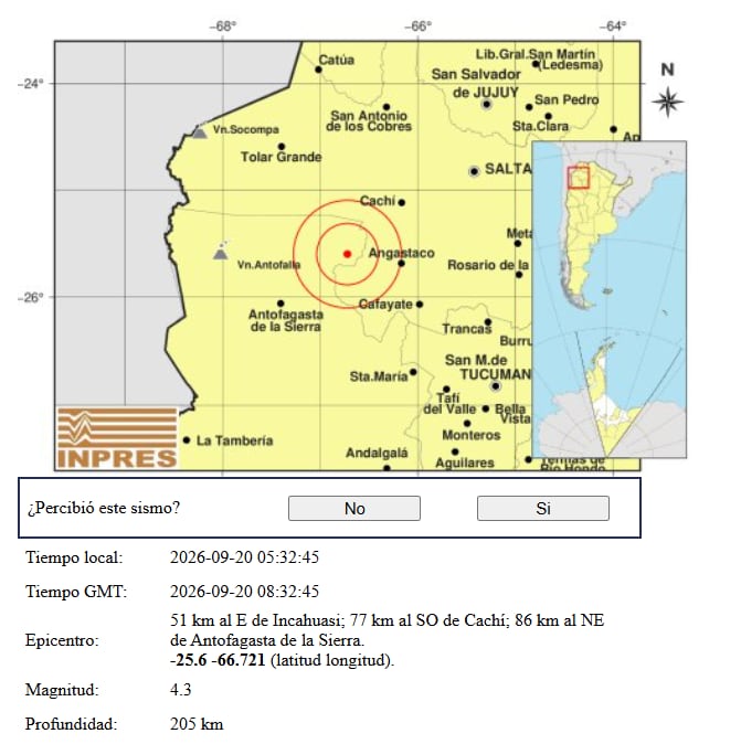 Un informe del Instituto Nacional de Prevención Sísmica detalla la localización y los datos técnicos de un sismo de magnitud 4,3 registrado en Catamarca