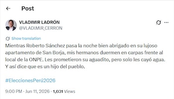 Captura de pantalla de un tuit de Vladimir Ladrón (@VLADIMIR_CERRON) con su foto de perfil, mostrando texto y la fecha "Jun 11, 2026" y el contador de vistas