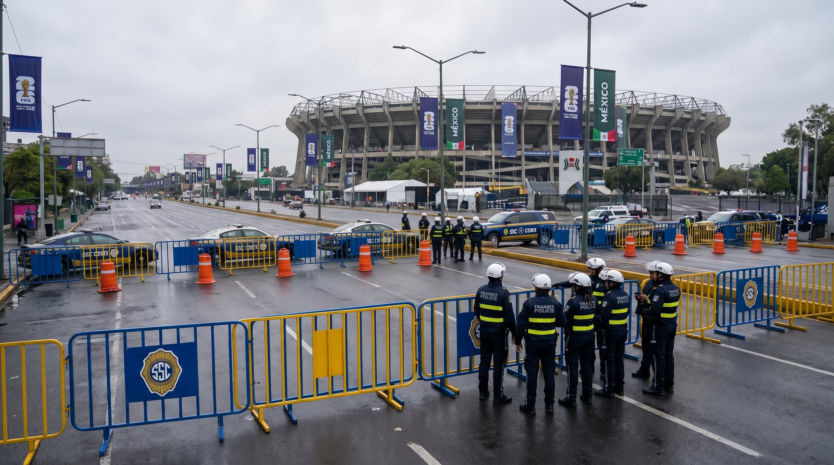 Elementos de la policía de tránsito de la SSC CDMX implementan un operativo vial con vallas y patrullas en la Calzada de Tlalpan, bloqueando el paso vehicular cerca del Estadio Azteca durante un día de partido del Mundial 2026. (Imagen Ilustrativa Infobae)