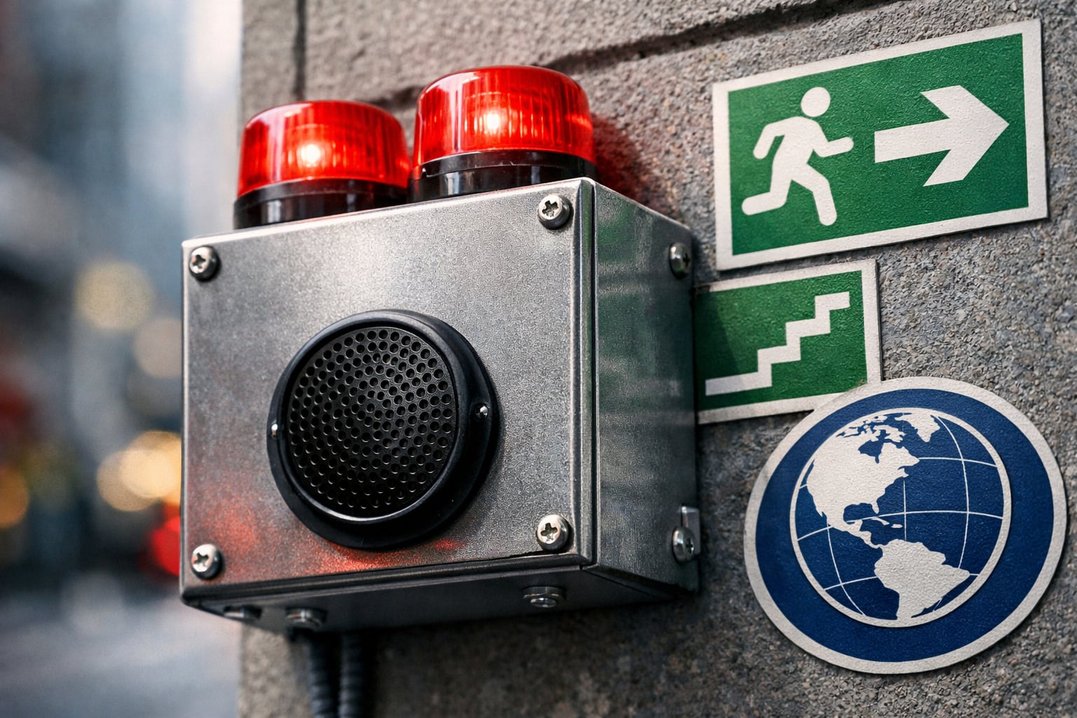 Un dispositivo de alerta sísmica con luces rojas intermitentes y un altavoz se muestra en una pared urbana, junto a señalética de evacuación y el logo del Instituto Geofísico del Perú, enfatizando la prevención sísmica. (Imagen Ilustrativa Infobae)