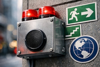 Detalle de un sistema de alerta sísmica con luces rojas intermitentes y altavoz en una pared, junto a señales verdes de evacuación y el logo del IGP.