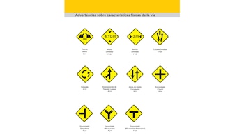 Las señales preventivas, con forma romboidal y color amarillo, alertan sobre peligros próximos como curvas, pendientes o estrechamientos en la vía (Ministerio de Transporte)