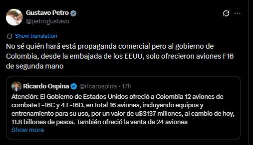 La controversia sobre la compra de aviones de combate persiste por las declaraciones contradictorias de Gustavo Petro y la publicación de documentos oficiales - crédito @petrogustavo/X