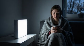 Una mujer sentada en un sofá oscuro, cubierta con una manta gris, sostiene una taza. A su izquierda, sobre una mesa blanca, hay una lámpara de terapia de luz cuadrada y brillante.
