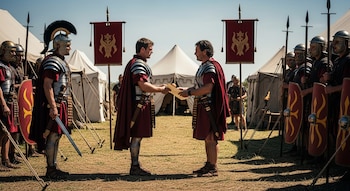 Dos hombres con armadura romana intercambian un documento en un campo con tiendas. Soldados con armaduras, escudos, lanzas y estandartes romanos observan.