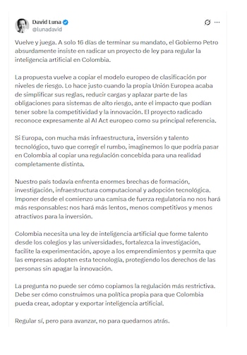 David Luna y sus opiniones sobre nuevo proyecto para regular la IA en Colombia