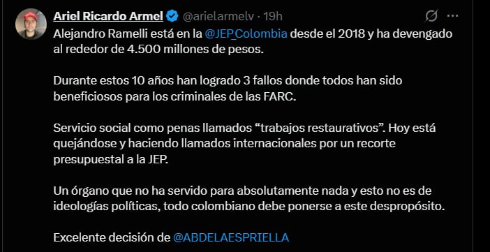 Ariel Ricardo Armel expuso en redes sociales una tabla en la que muestra el salario que ha tenido Alejandro Ramelli desde que empezó a funcionar la JEP - crédito @arielarmelv/X