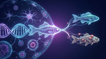 Ilustración digital de una cadena de ADN y células neuronales dentro de una esfera, conectadas a un pez luminoso que a su vez se enlaza con un pez sano y otro con lesiones.