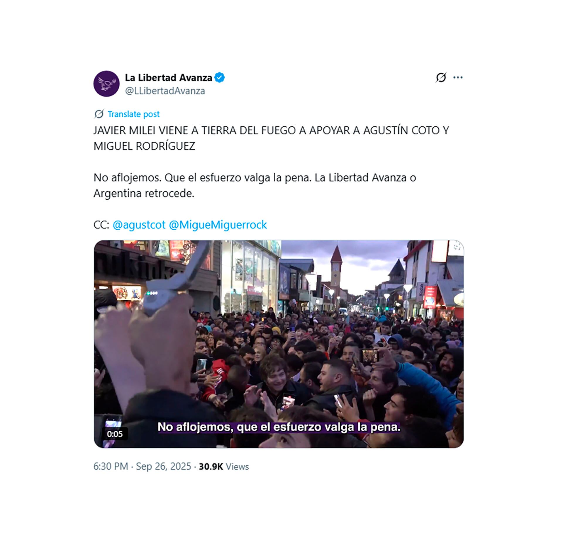 La Libertad Avanza apuesta al interior y Javier Milei retoma la campaña este lunes con su visita a Tierra del Fuego